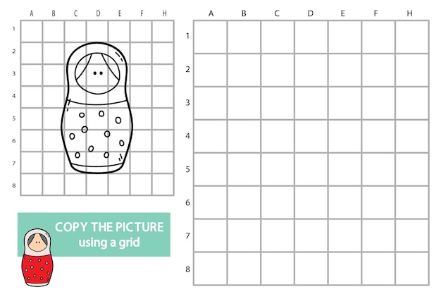 Illustrazione della griglia copia immagine puzzle game educativo con bambola di nidificazione doodle