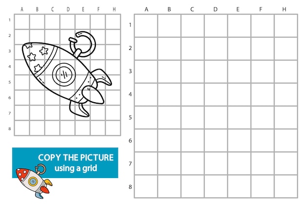 illustration of grid copy picture educational puzzle game with doodle rocket