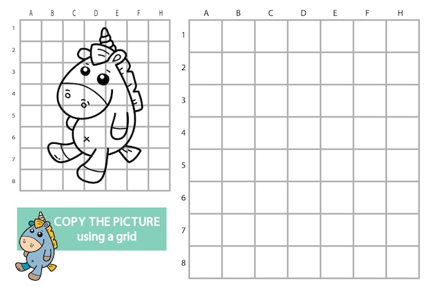 illustration of grid copy picture educational puzzle game with doodle unicorn