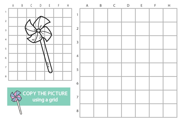 落書き風車とグリッドコピー画像教育パズルゲームのイラスト