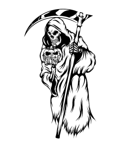 The illustration of the grim reaper holding the scary pumpkins