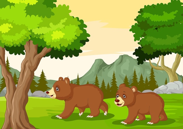 Vettore illustrazione del gruppo orso bruno con sfondo del paesaggio