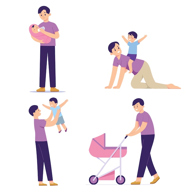 Vector illustration group father playing and looking after his child