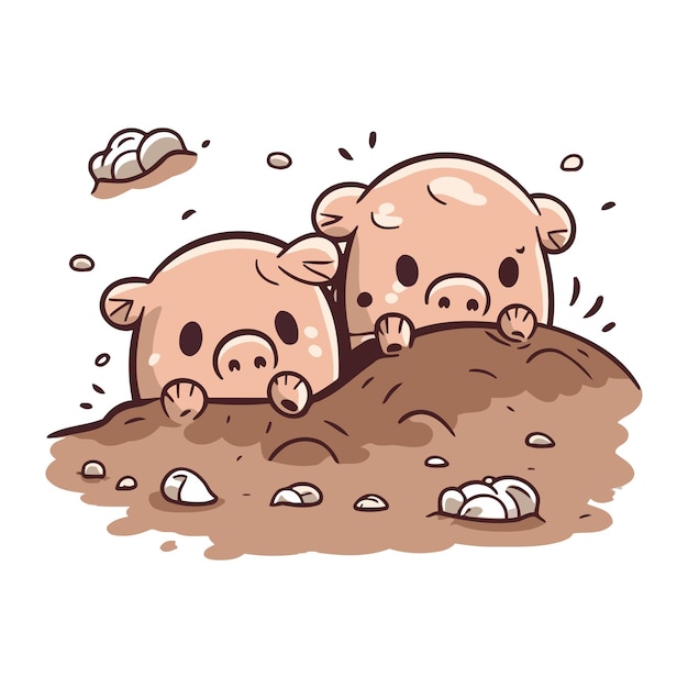 泥の中の面白い豚のグループのイラスト ベクトルイラスト