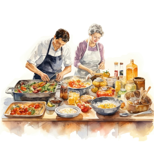 Illustration of a group of people cooking in the kitchen at home