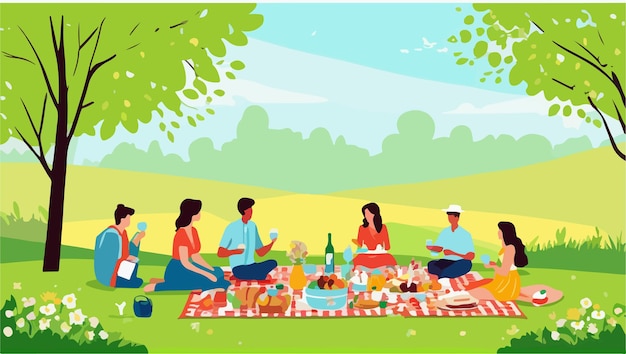 Vector illustration of a group of people having a picnic