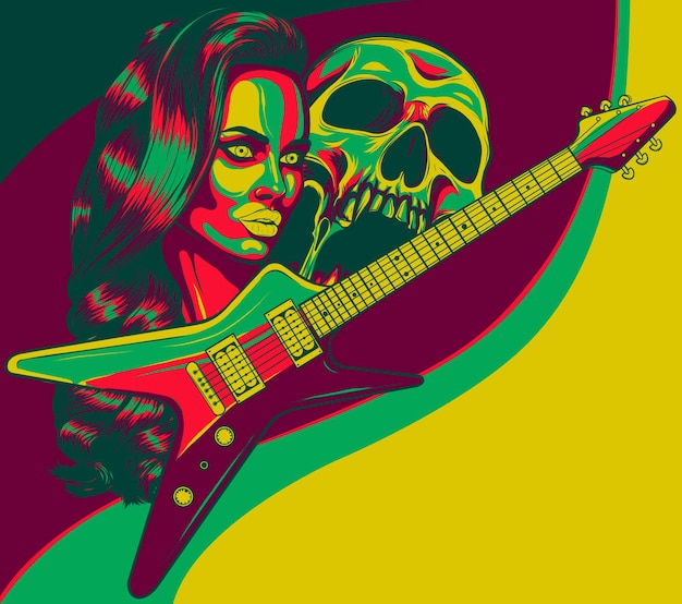 illustration of guitar with skull and girl head