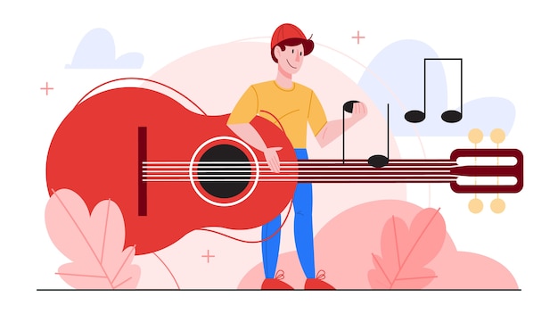 Vector illustration of guitarist playing music. man holding