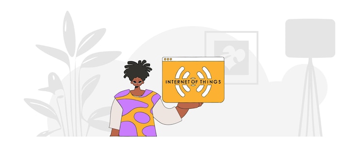Vector illustration of a guy seated on the ground, with an iot symbol in hand, portrayed in a contemporary and vibrant style.