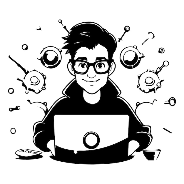 Vector illustration of a hacker with a laptop on a white background