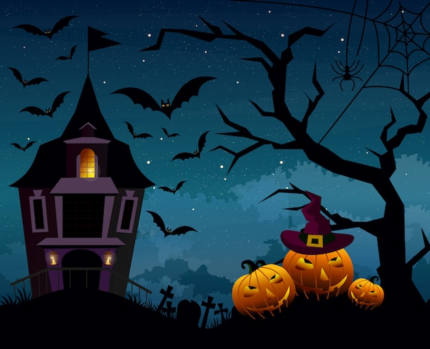 Illustrazione dello sfondo di halloween con sagome di zucche e terribile casa o castello nel cimitero sul cielo notturno blu scuro. cartolina di halloween in stile cartone animato piatto.