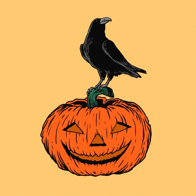 Vettore illustrazione del corvo e della zucca di halloween