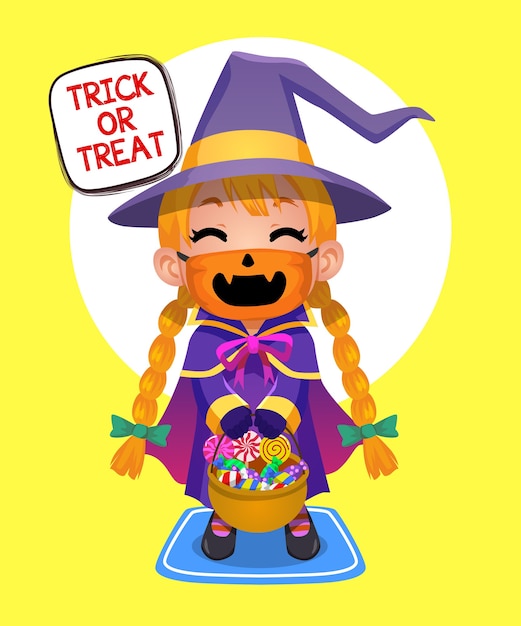 Illustrazione halloween kid dolcetto o scherzetto con maschera di protezione carino