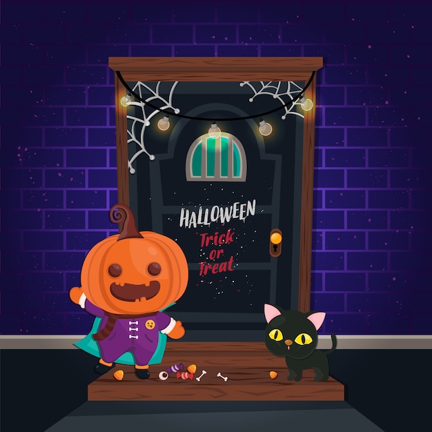 Vector illustration. halloween poster with cute character on brick and scary door . trick or treat template.