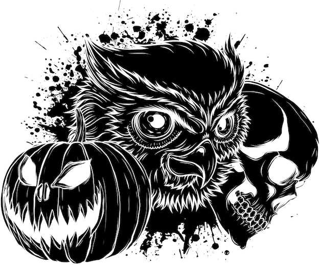 Vector illustration of halloween pumpkin with owl head and human skull