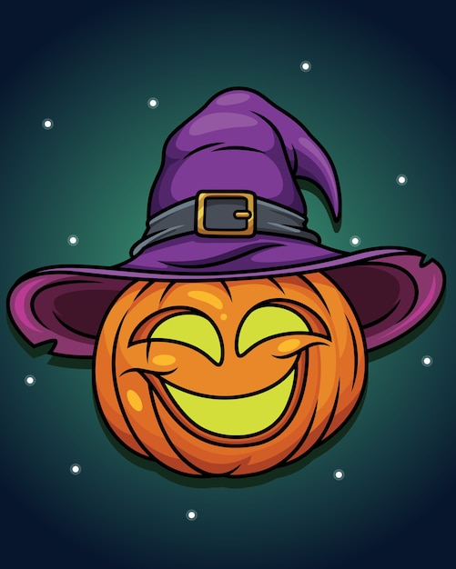 Vector illustration of halloween pumpkin with wizard hat cartoon.