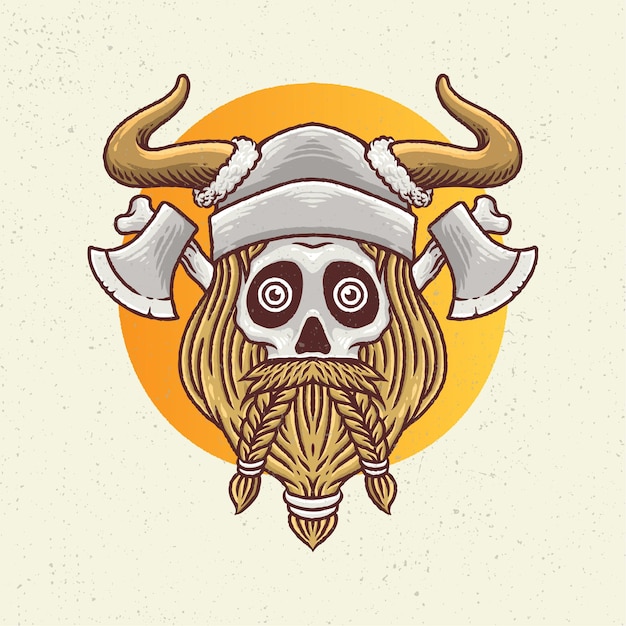illustration hand drawing with rough line art, concept of skeleton mustache and beard viking style with hatchet