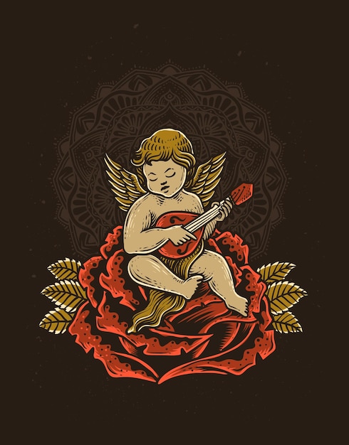 Vector illustration hand drawn angel sitting on rose and playing guitar