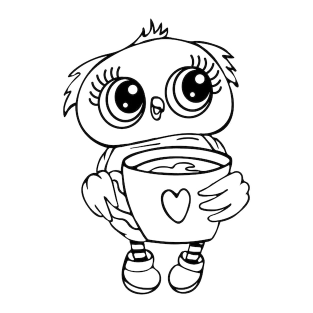 Illustration hand drawn cute contour owl with a cup of coffee Sketch cartoon illustration