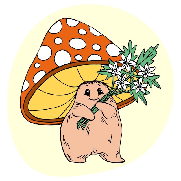 Illustration hand drawn cute fly agaric mushroom holding a bouquet of flowers