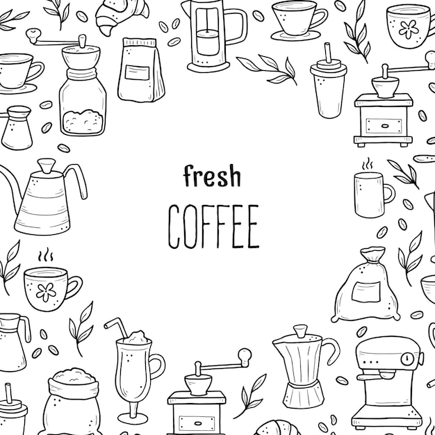 Vector illustration of hand drawn doodle style appliances and ingredients around fresh coffee text.