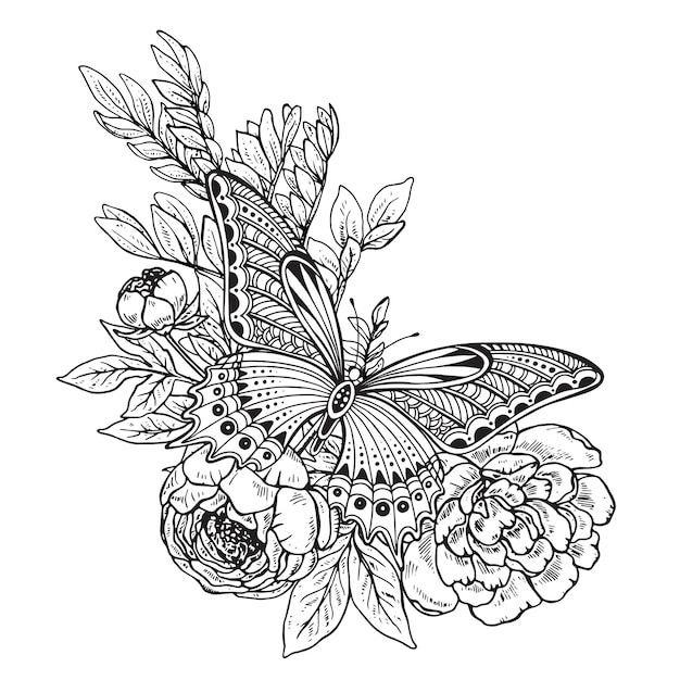 illustration of hand drawn graphic butterfly on peony flowers bouquet