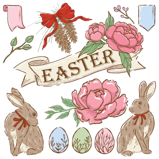그림 손으로 그린 토끼, 부활절 달걀, 꽃 빈티지 스타일