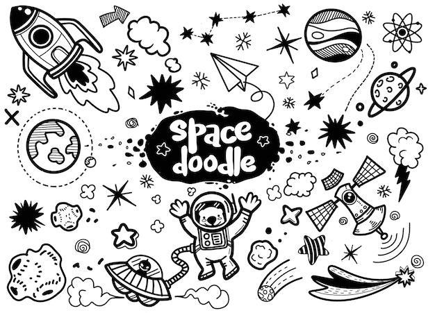 Illustration, Hand drawn space elements. 