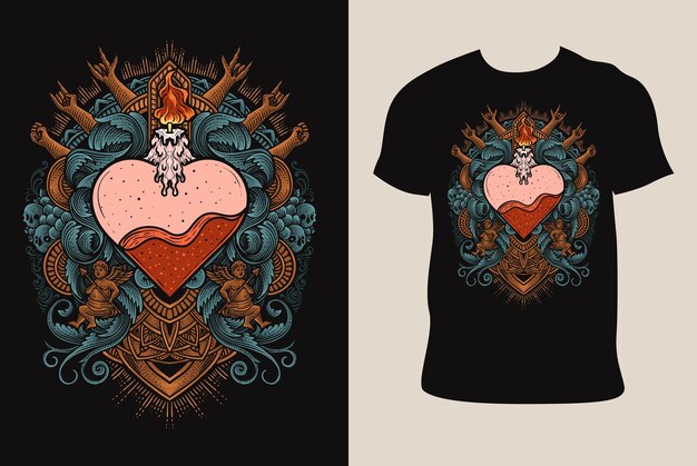 Вектор Иллюстрация, нарисованная вручную. вентильное сердце с гравюрой на макетке футболки.