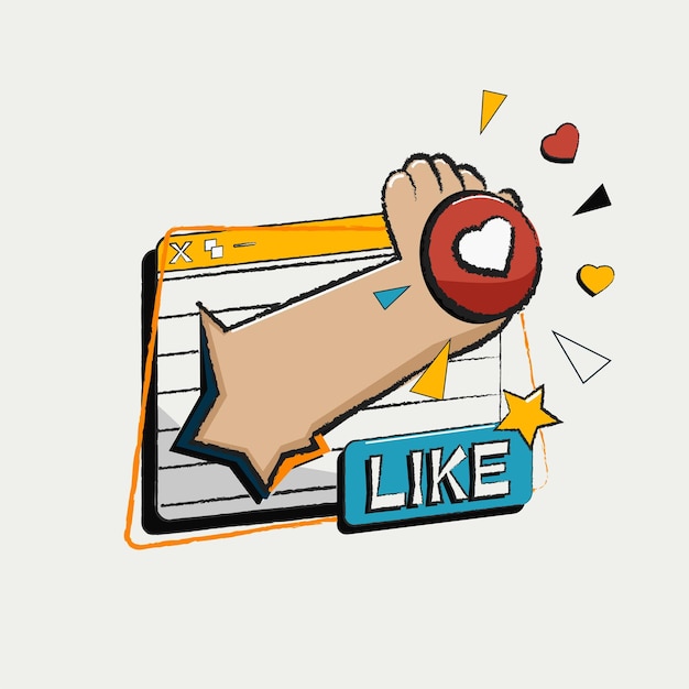 Illustration hand giving like on social networks, arm coming out of a web window. hand drawn