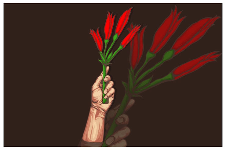 Vector illustration of hand held red spider lily flower