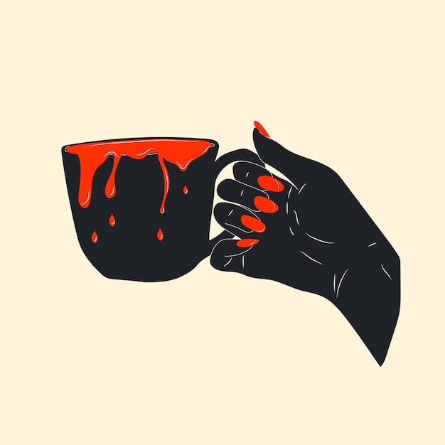 Illustration of a hand holding a cup with blood pouring out of it. Image for Halloween, horror movie