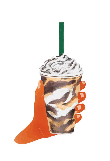 Vettore illustrazione mano che tiene un bicchiere di frappuccino o caffè freddo con panna e tazza da asporto al cioccolato