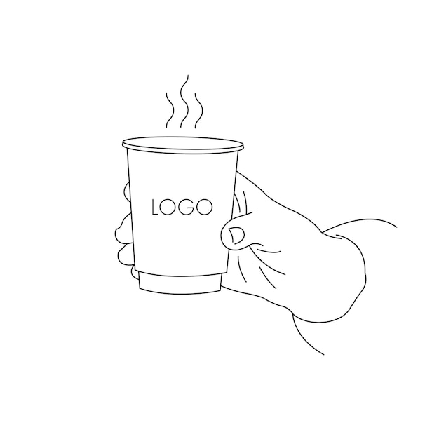 Illustration of a hand holding a paper cup with coffee to go