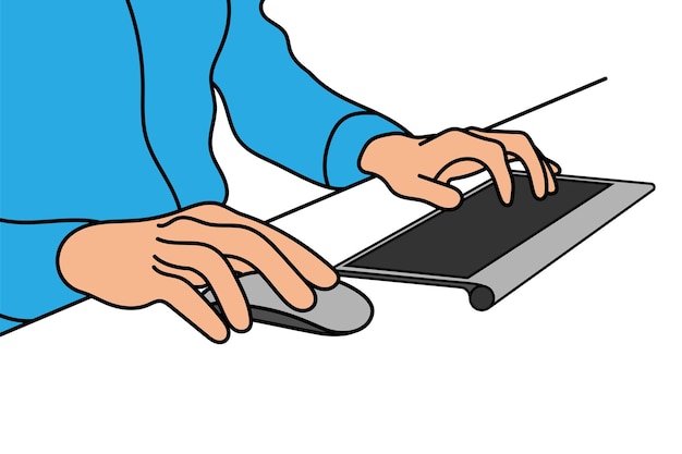 Illustration of a hand on keyboard and mouse vector line art white background