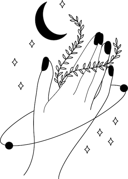 Illustration of the hand and the moon Constellation Design magic line art