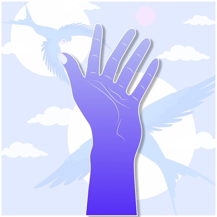 Vector illustration of hand reaching up with birds and sky in background