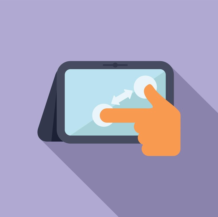 Vector illustration of a hand zooming in on a tablet screen indicating touch gesture control