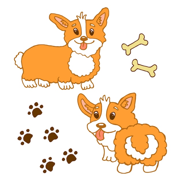 イラスト手描きかわいい生姜犬の足跡と骨