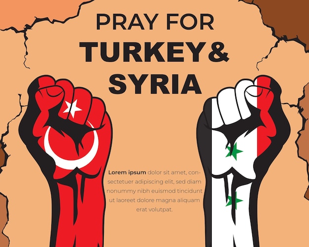 Illustration of hands clenched in support for Turkey and Syria