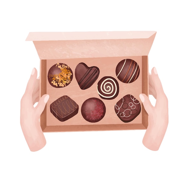 Illustration of hands holding box of chocolate candies, praline etc