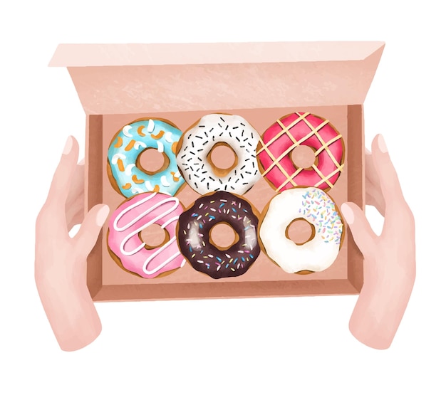 Vector illustration of hands holding box of colored round glazed donuts