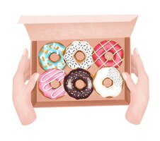 Illustration of hands holding box of colored round glazed donuts