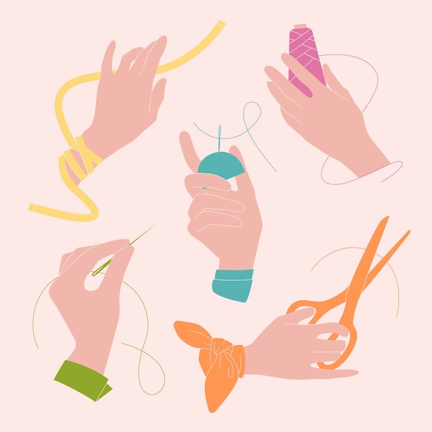 Vector illustration of hands in the process of sewing