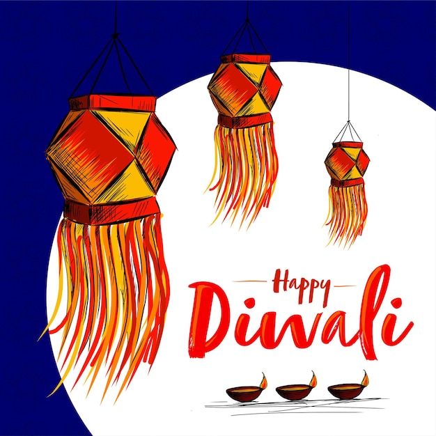 Illustration of hanging kandil on happy diwali holiday background for light festival of india.