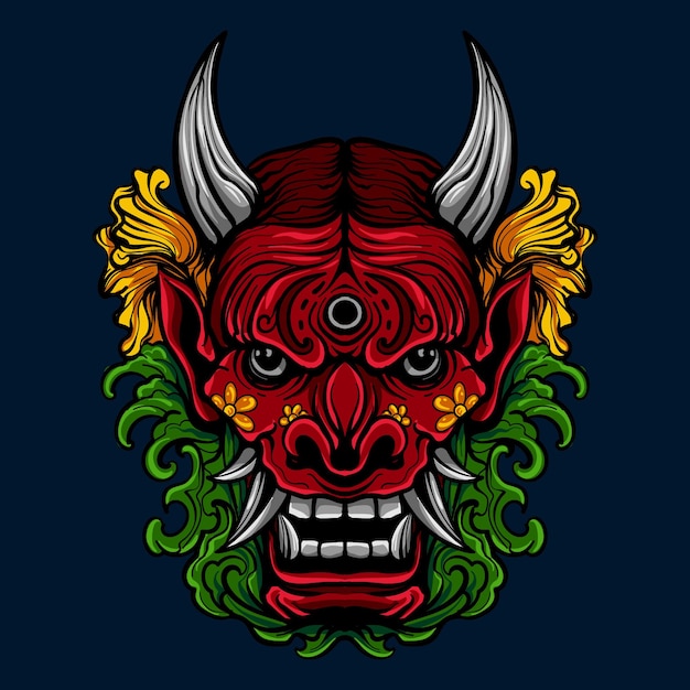 Vettore illustrazione della maschera hannya con maschera oni disegno in stile giapponese