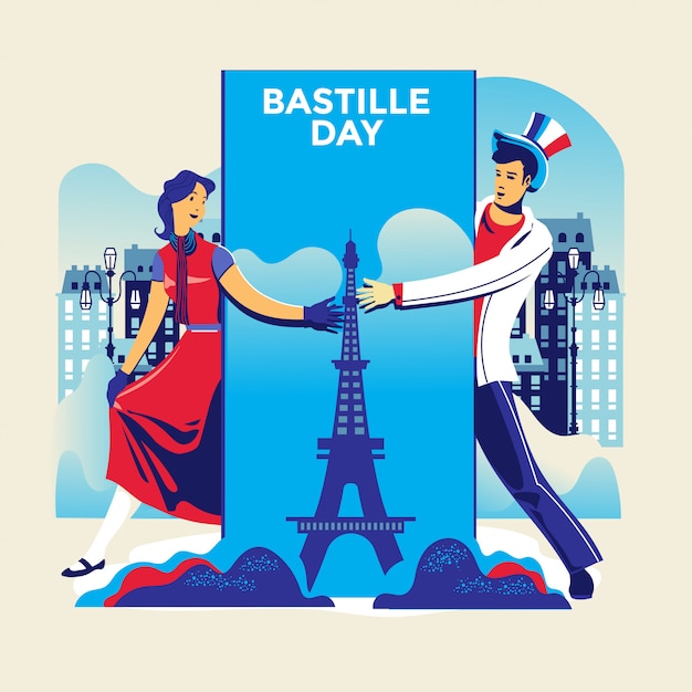 フランスの建国記念日のハッピーバスティーユデーチラシとグリーティングカードのイラスト
