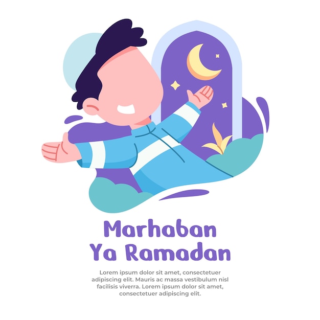 Illustrazione del ragazzo felice con il prossimo mese di ramadan