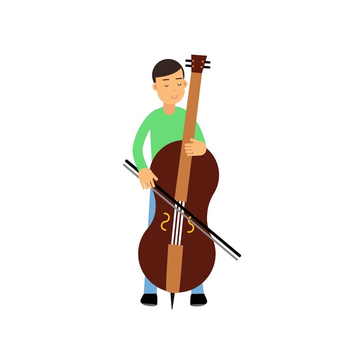 Vector illustration of happy brunette male character contrabass player artist young man musician playing double bass musical performance creative hobby concept cartoon flat design vector isolated on white