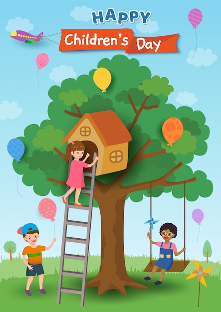 Illustration of Happy Children's Day poster design with kids playing on tree house and swing